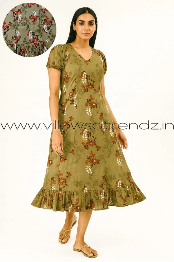 Ruthvi Ethnics Maxi| Frock Nighty| Night Gown| Nighty| Designer Neck Pattern| Back side adjustable Knot| Olive green  | FN240107 - Olive green, Bust: 52|Ht: 48 (6XL)