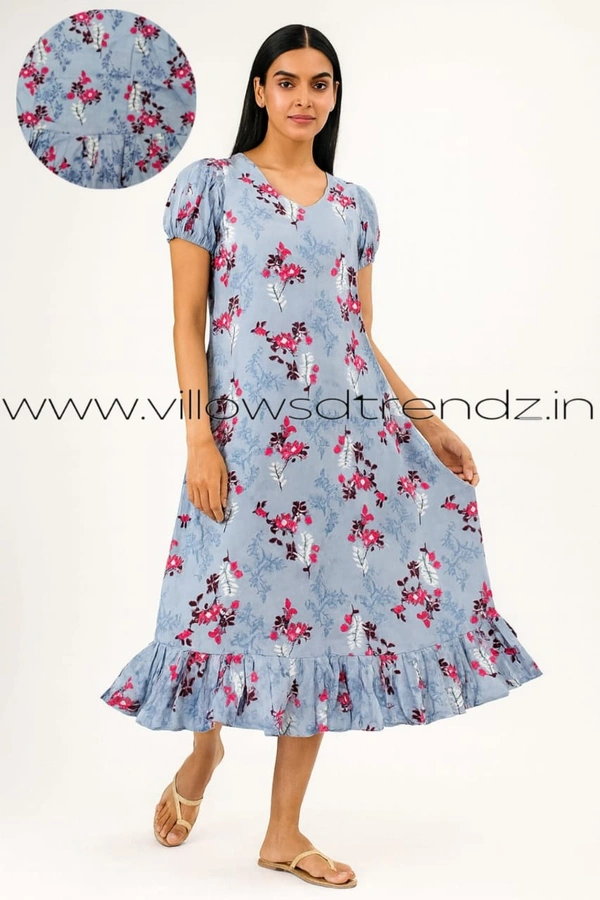 Ruthvi Ethnics Maxi| Frock Nighty| Night Gown| Nighty| Designer Neck Pattern| Back side adjustable Knot| Sky blue | FN240103 - Sky blue, Bust: 52|Ht: 48 (6XL)
