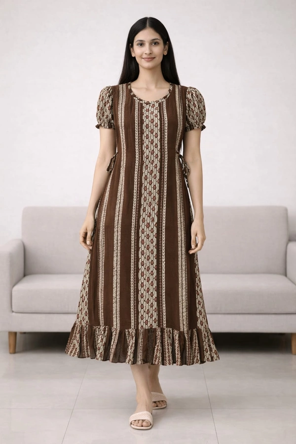 Ruthvi Ethnics Maxi| Frock Nighty| Night Gown| Nighty| Designer Neck Pattern| Back side adjustable Knot| Mehandi green| FN700017 - Mehandi green, Bust: 50|Ht: 48(5XL)