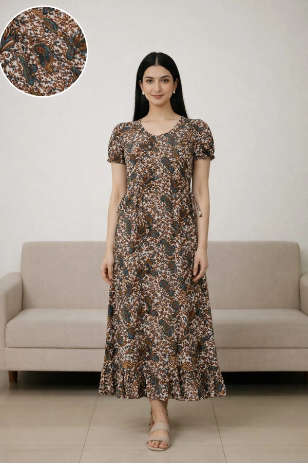 Ruthvi Ethnics Maxi| Frock Nighty| Night Gown| Nighty| Designer Neck Pattern| Back side adjustable Knot| Orange | FN70009 - Orange, Bust: 50|Ht: 48(5XL)