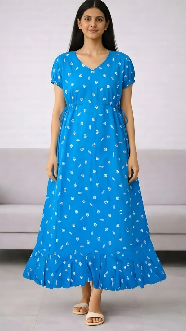 Ruthvi Ethnics Maxi| Frock Nighty| Night Gown| Nighty| Designer Neck Pattern| Back side adjustable Knot|Sky blue | FN700026 - Sky blue, Bust: 46.5|Ht: 47(3XL)
