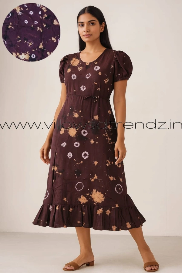 Ruthvi Ethnics Maxi| Frock Nighty| Night Gown| Nighty| Tie and Die Pattern| Back side adjustable Knot| Butta Wine | FNG24043 - Butta Wine, Bust: 44 inch,Ht: 45 inch(2XL)