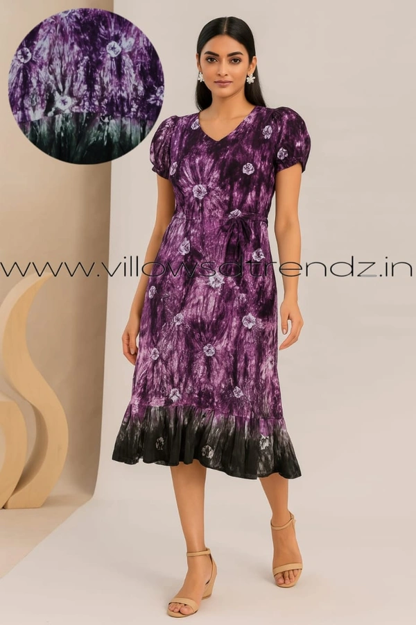 Ruthvi Ethnics Maxi| Frock Nighty| Night Gown| Nighty| Tie and Die Pattern| Back side adjustable Knot| Purple | FNG24038 - Purple, Bust: 44 inch,Ht: 44 inch(2XL)