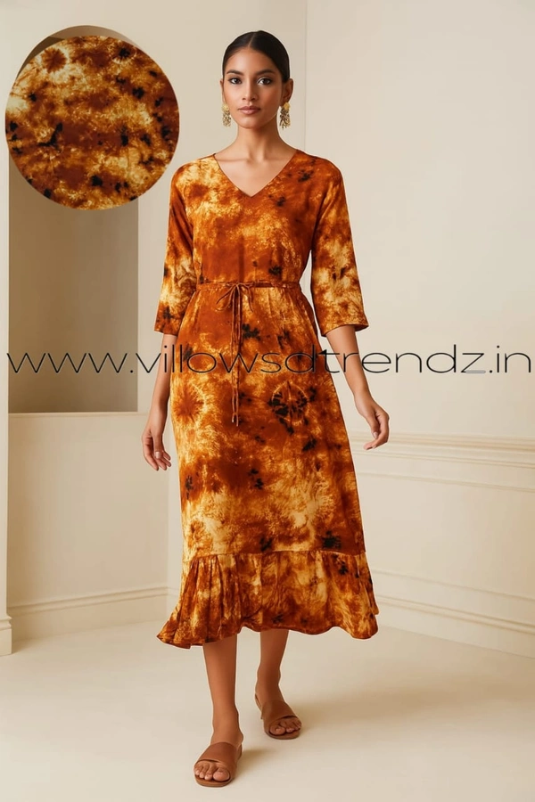 Ruthvi Ethnics Maxi| Frock Nighty| Night Gown| Nighty| Tie and Die Pattern| Back side adjustable Knot| Mustard Yellow| FNG24037 - Mustard yellow, Bust: 47 inch,Ht: 44 inch(3XL)