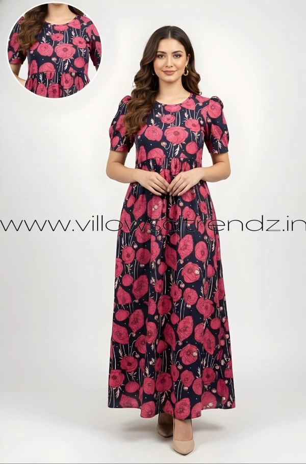 Smurf Finds Maxi Gowns| 52 inches height| with Pocket and Back adjustable knot| Pink Florel | MG3100104 - M, Pink Florel, 1