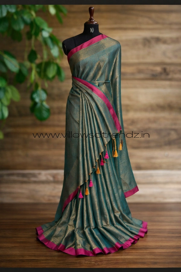 Villows Mul Tissue Saree With Tassels | Soft Breathable | Light Weight | Golden Skyblue | MT44009 - Golden Skyblue, Sarees