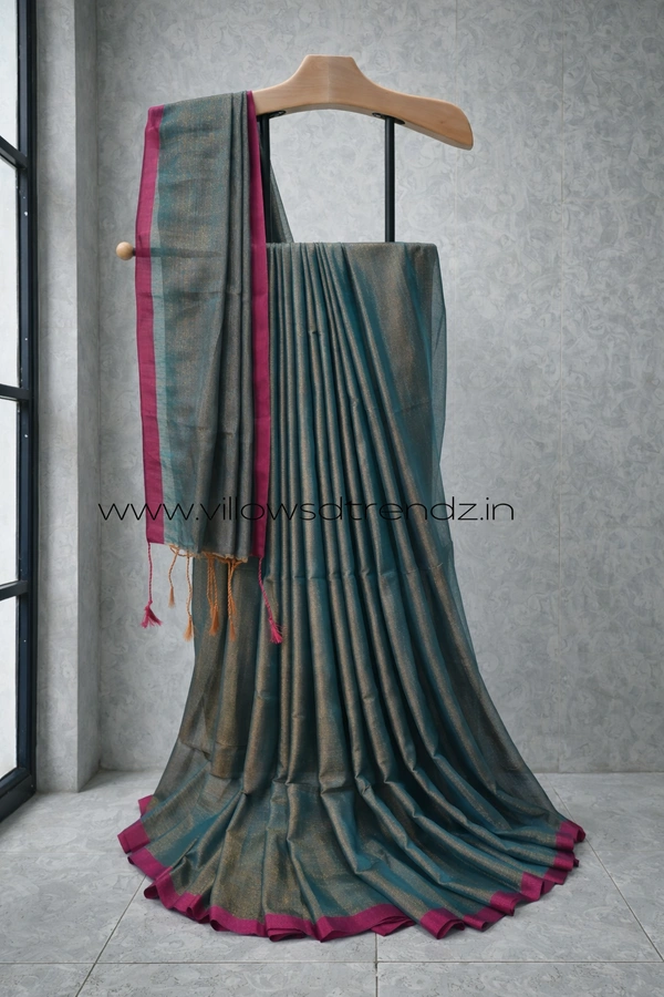 Villows Mul Tissue Saree With Tassels | Soft Breathable | Light Weight | Golden Skyblue | MT44009 - Golden Skyblue, Sarees