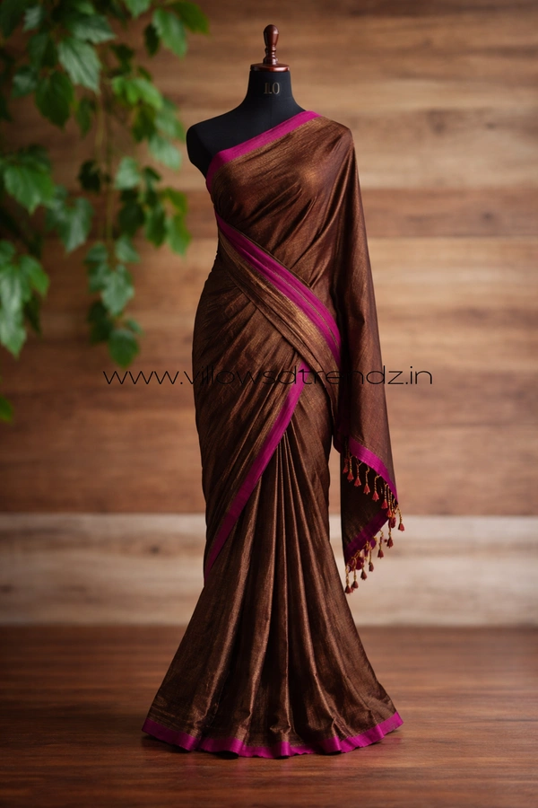 Villows Mul Tissue Saree With Tassels | Soft Breathable | Light Weight | Golden Brown | MT44007 - Golden Brown, Sarees