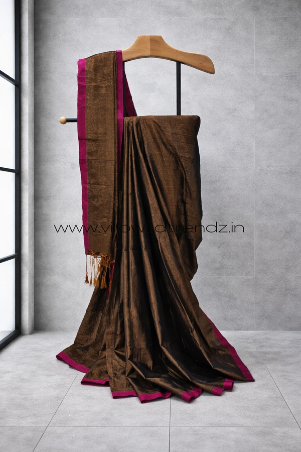 Villows Mul Tissue Saree With Tassels | Soft Breathable | Light Weight | Golden Brown | MT44007 - Golden Brown, Sarees