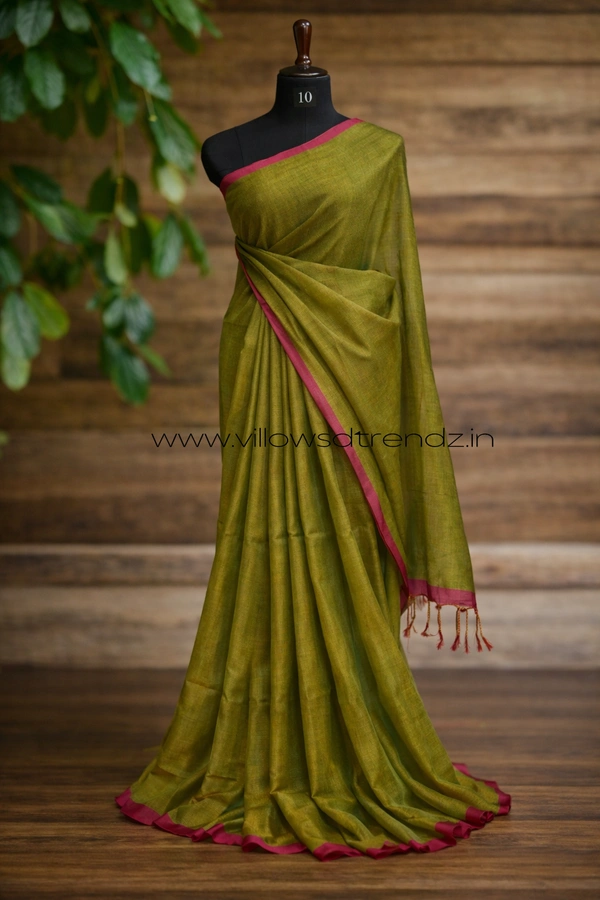 Villows Mul Tissue Saree With Tassels | Soft Breathable | Light Weight | Mehandi green | MT440013 - Mehandi green, Sarees