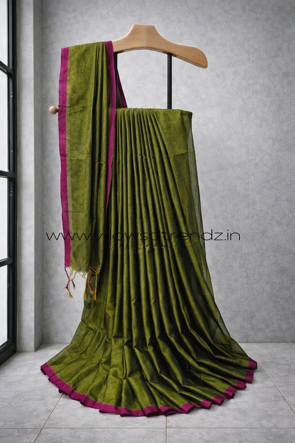 Villows Mul Tissue Saree With Tassels | Soft Breathable | Light Weight | Mehandi green | MT440013 - Mehandi green, Sarees
