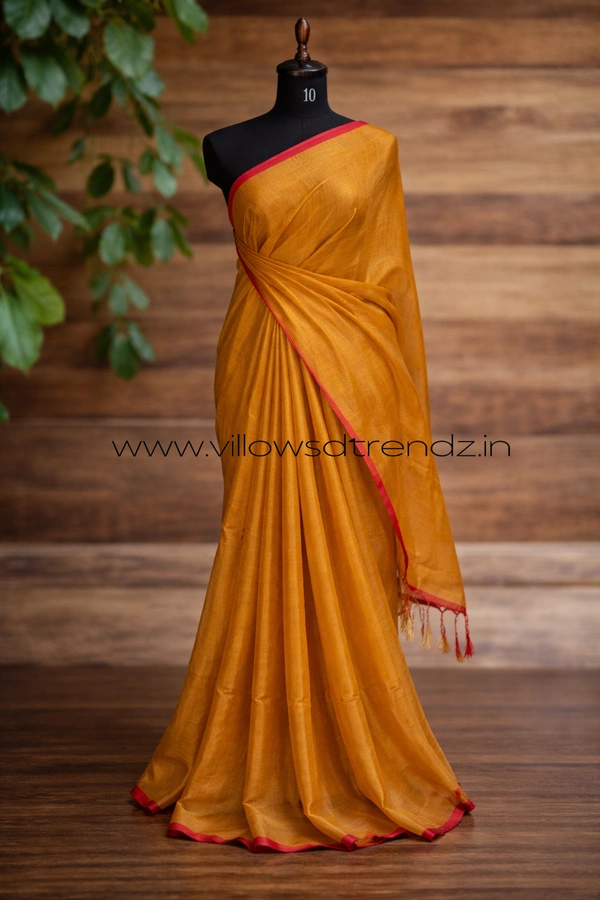Villows Mul Tissue Saree With Tassels | Soft Breathable | Light Weight | Golden Yellow | MT44002 - Golden Yellow, Sarees