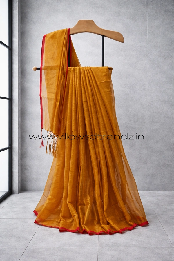 Villows Mul Tissue Saree With Tassels | Soft Breathable | Light Weight | Golden Yellow | MT44002 - Golden Yellow, Sarees