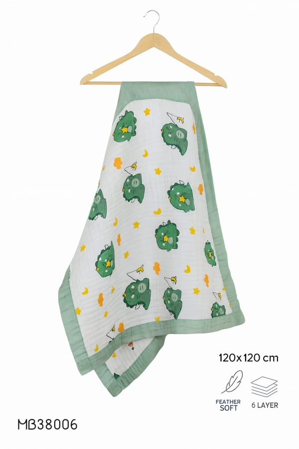Villows Muslin 6 Layer Blanket |Brethable | 6 layer|Pack Contains 1 Blanket|100% Organic Cotton| 120 x 120 cm| Green | MB38006 - 122 x 120 cm, Green