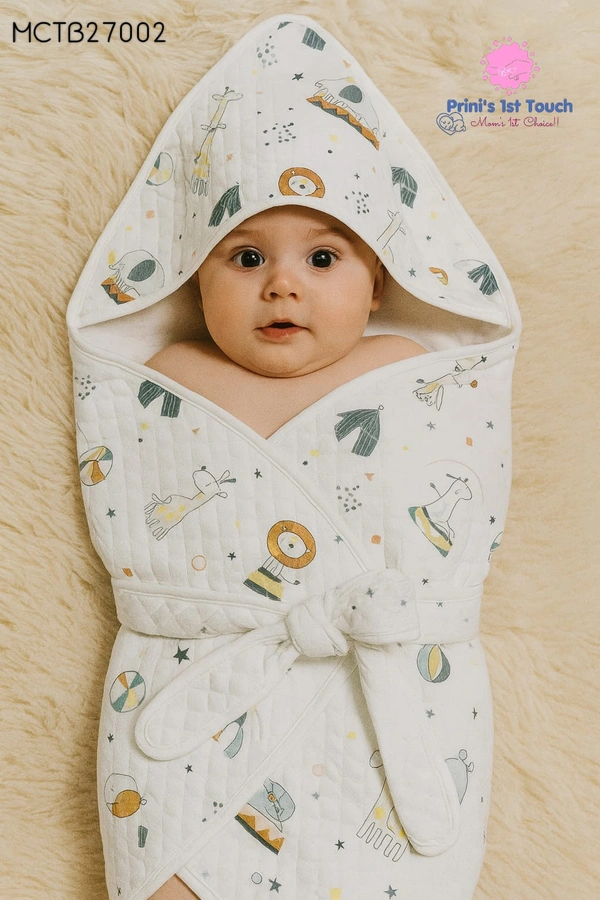 Villows Muslin Hoodie Cap Towel with Belt |Swaddle | 6 layer|Pack Contains 1 Towel|100% Organic Cotton| 100 x 100 cm|White | MCTB27002 - 100 x 100 cm, White