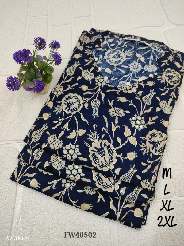 Twill Blue Muslin Kurti With Silver Zari Embrodiery FW40502 - Dark Blue, M