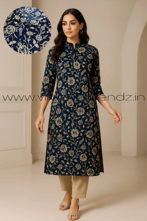 Twill Blue Muslin Kurti With Silver Zari Embrodiery FW40502 - Dark Blue, M