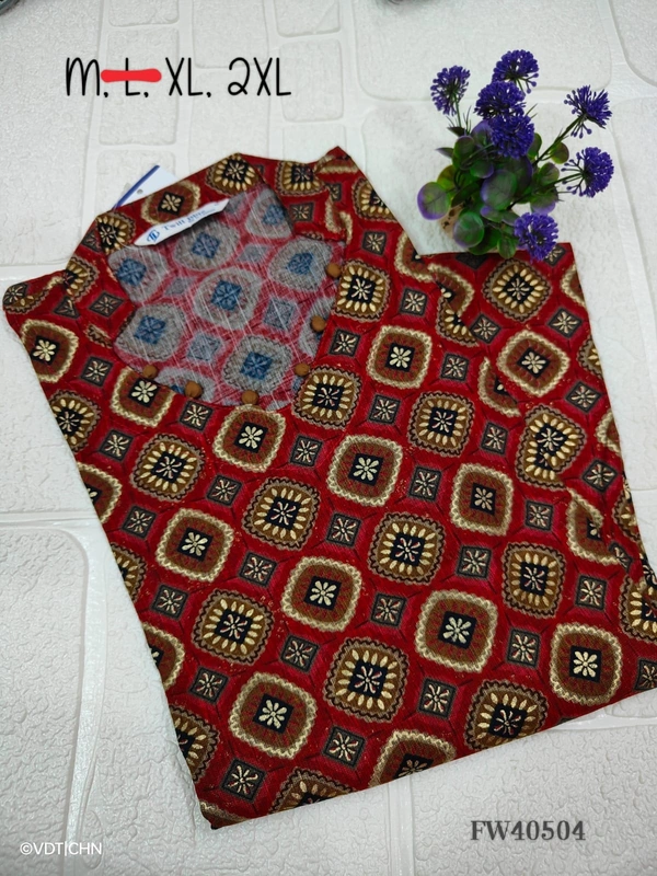 Twill Blue Muslin Kurti With Silver Zari Embrodiery FW40504 - Maroon, XL