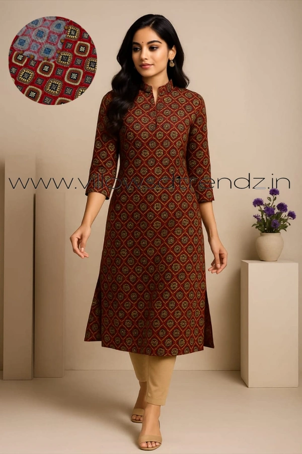 Twill Blue Muslin Kurti With Silver Zari Embrodiery FW40504 - Maroon, XL