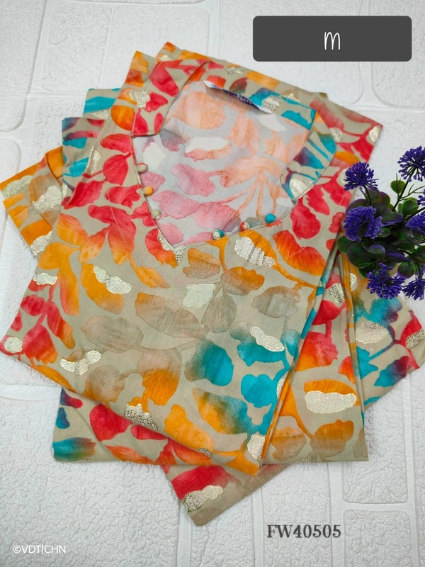 Twill Blue Muslin Kurti With Silver Zari Embrodiery FW40505 - Multi Colour, M