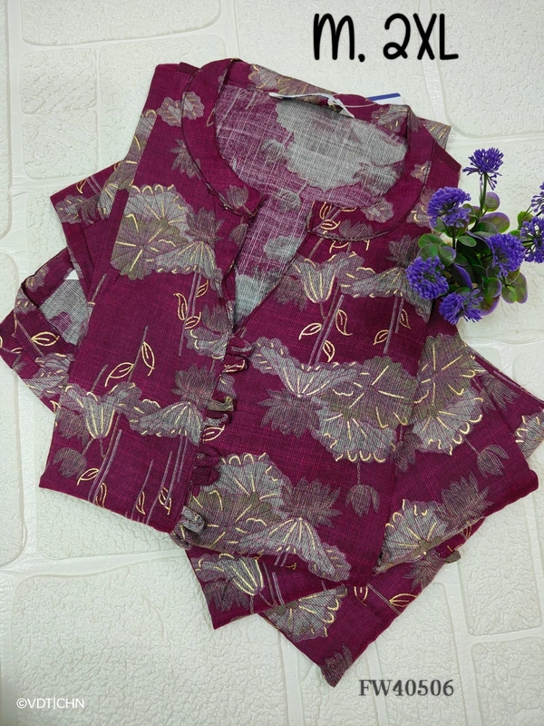 Twill Blue Muslin Kurti With Silver Zari Embrodiery FW40506 - Onion Pink, 2XL