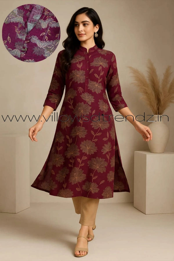 Twill Blue Muslin Kurti With Silver Zari Embrodiery FW40506 - Onion Pink, 2XL