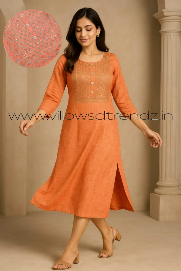 Twill Blue Muslin Kurti With Silver Zari Embrodiery FW951 - Light Orange, S