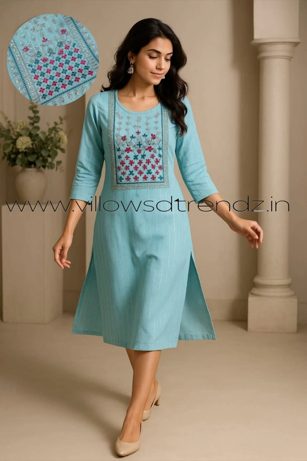 Twill Blue Muslin Kurti With Silver Zari Embrodiery FW953 - Sky Blue, L