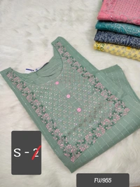 Twill Blue Muslin Kurti With Silver Zari Embrodiery FW955 - Peach Green, S