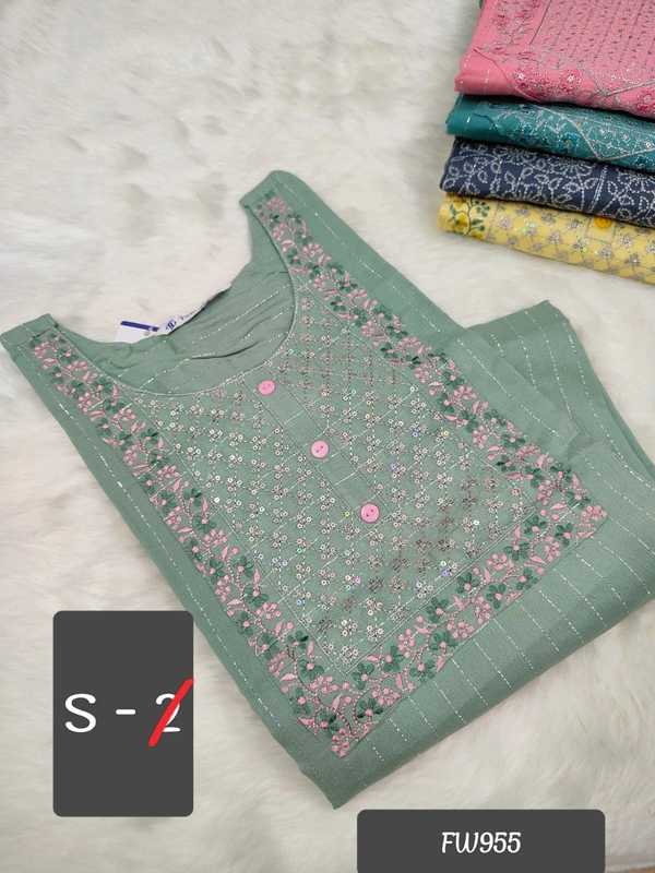 Twill Blue Muslin Kurti With Silver Zari Embrodiery FW955 - Peach Green, S