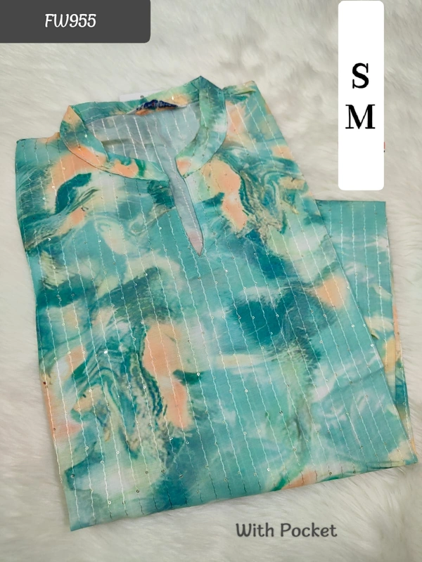 Twill Blue Muslin Kurti With Silver Zari Embrodiery FW955 - Green, M