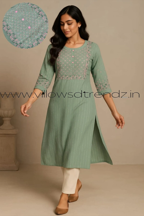 Twill Blue Muslin Kurti With Silver Zari Embrodiery FW955 - Peach Green, S