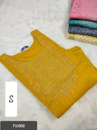 Twill Blue Muslin Kurti With Silver Zari Embrodiery FW956 - Yellow, S