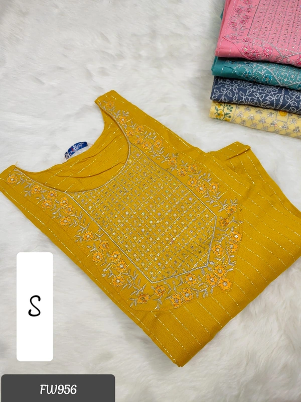 Twill Blue Muslin Kurti With Silver Zari Embrodiery FW956 - Yellow, S