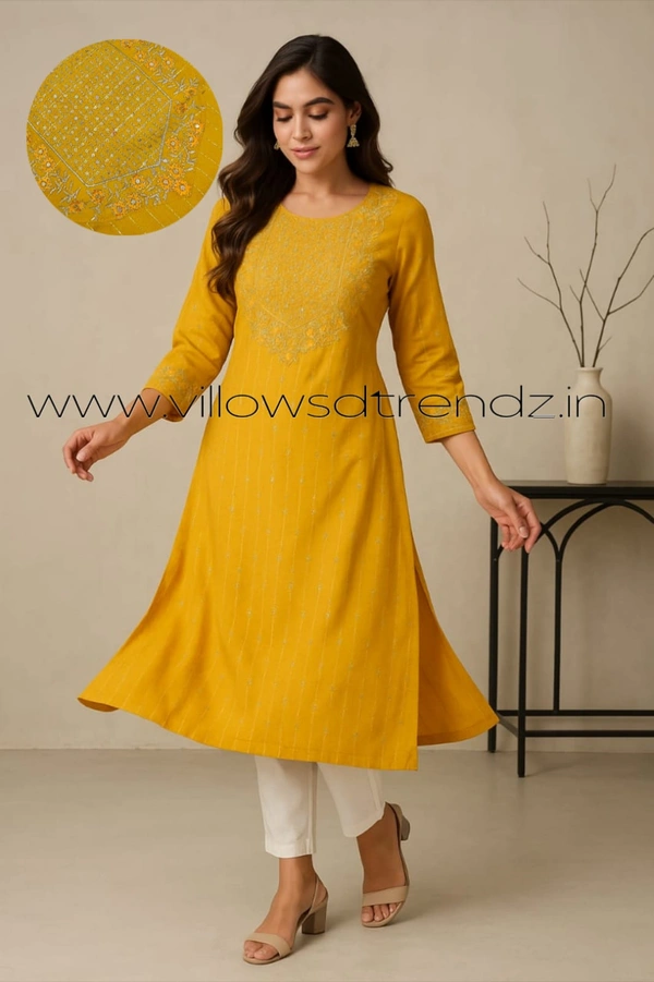 Twill Blue Muslin Kurti With Silver Zari Embrodiery FW956 - Yellow, S