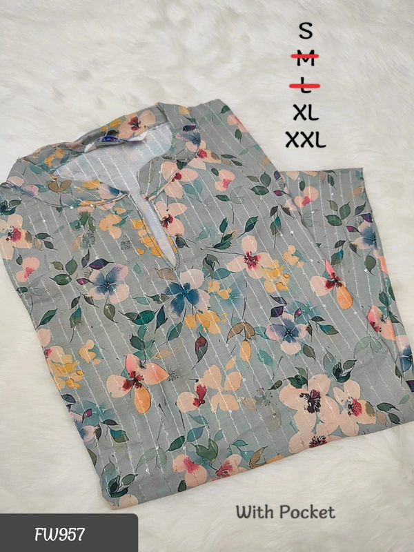 Twill Blue Muslin Kurti With Silver Zari Embrodiery FW957 - Grey, S