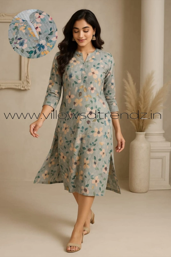 Twill Blue Muslin Kurti With Silver Zari Embrodiery FW957 - Grey, S
