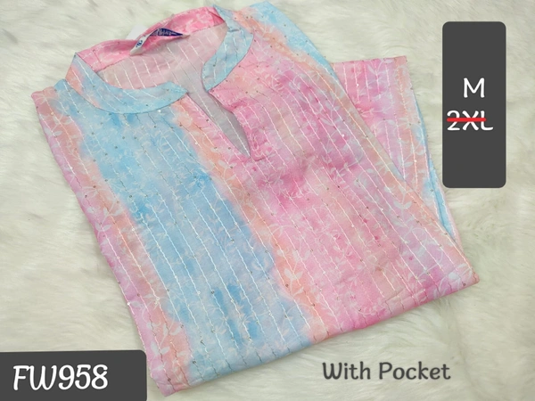 Twill Blue Muslin Kurti With Silver Zari Embrodiery FW958 - Blue With Pink, M