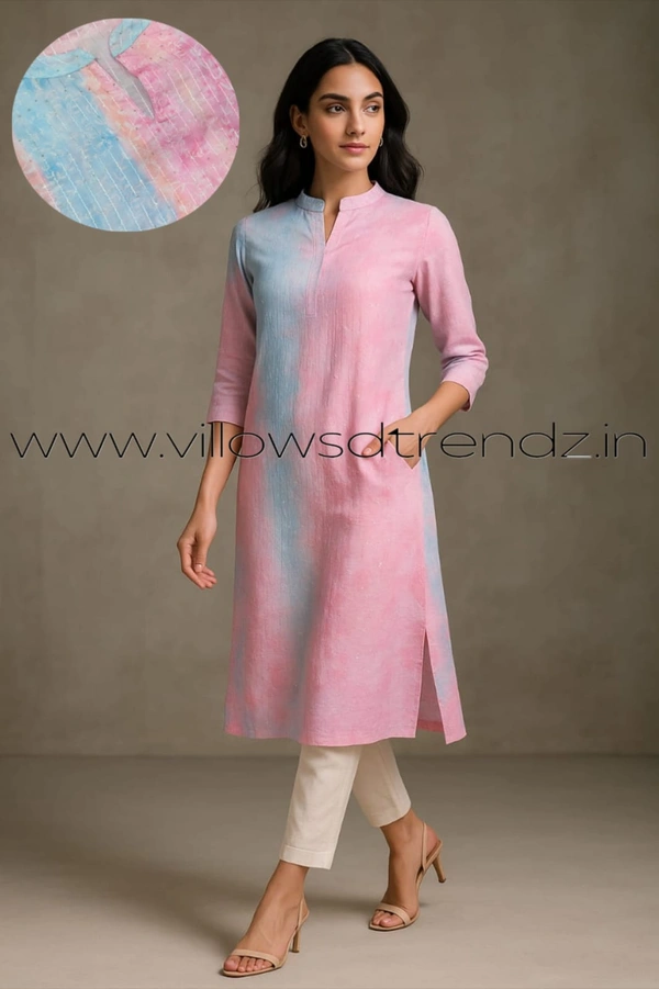Twill Blue Muslin Kurti With Silver Zari Embrodiery FW958 - Blue With Pink, M