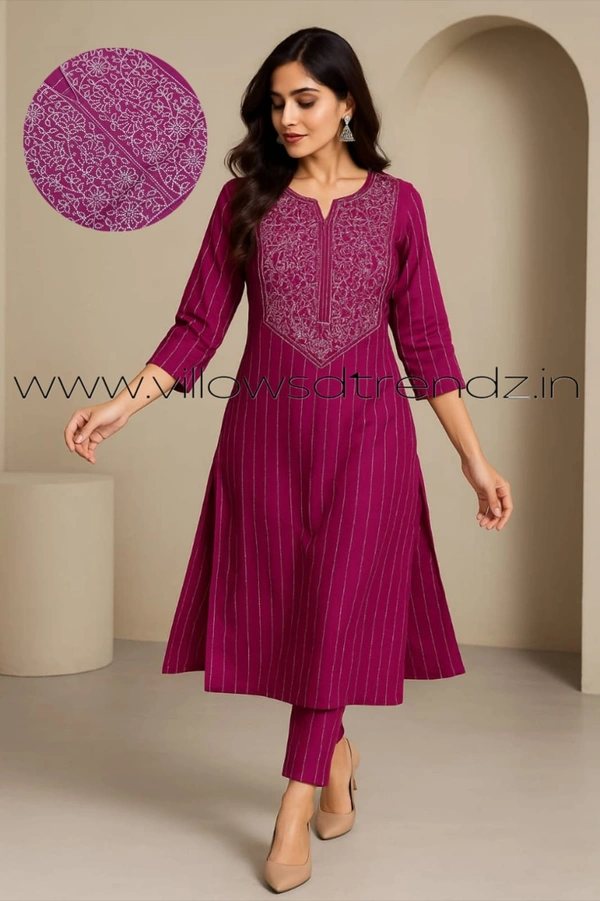 Twill Blue Muslin Kurti With Silver Zari Embrodiery FW959 - Dark Pink, S
