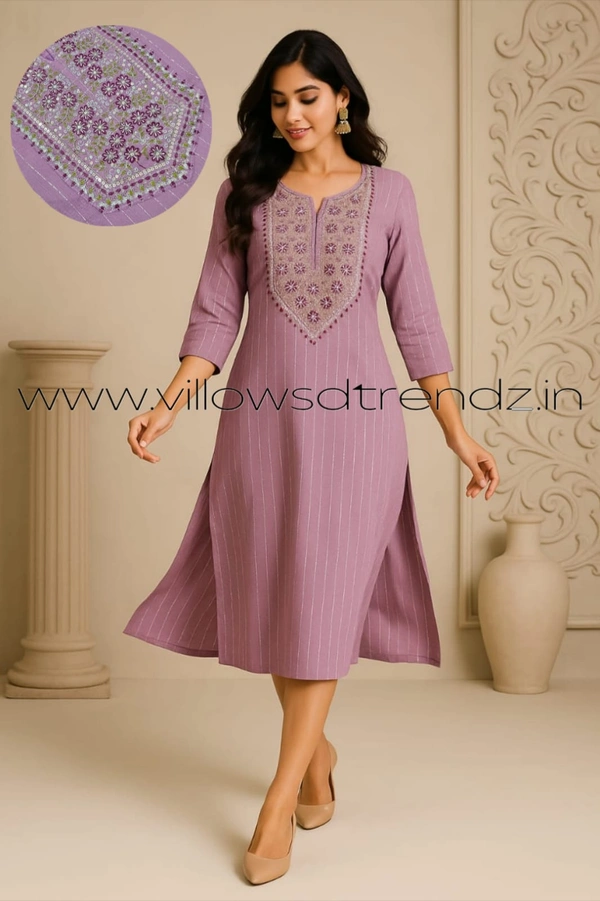 Twill Blue Muslin Kurti With Silver Zari Embrodiery FW960 - Lavender, L