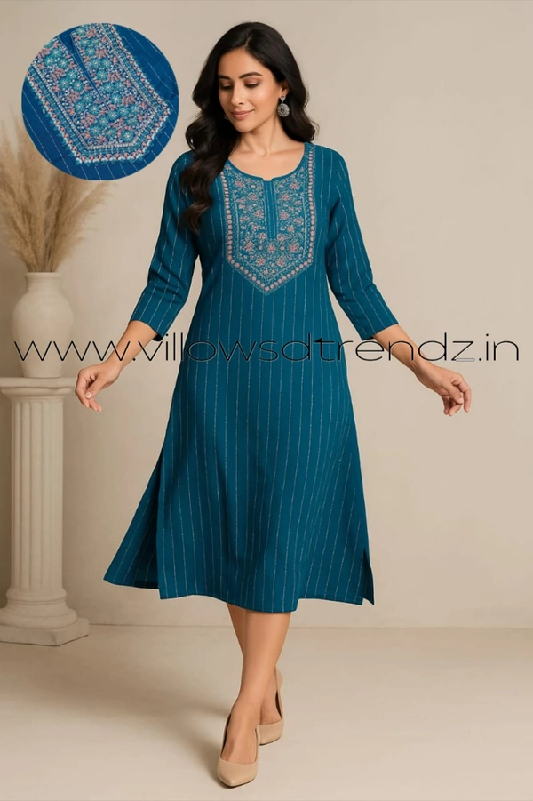 Twill Blue Muslin Kurti With Silver Zari Embrodiery FW961 - Blue, L
