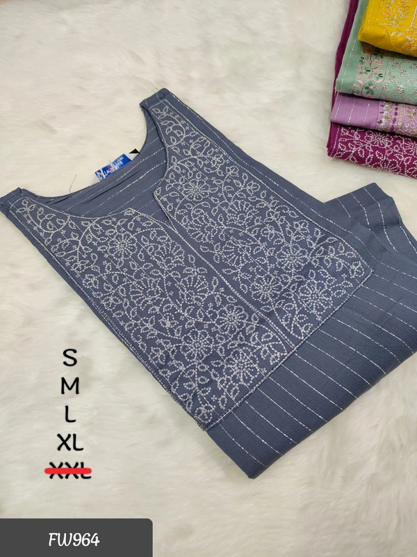 Twill Blue Muslin Kurti With Silver Zari Embrodiery FW964 - Grey, S