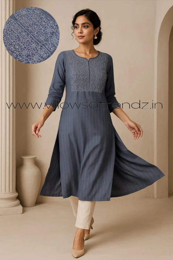 Twill Blue Muslin Kurti With Silver Zari Embrodiery FW964 - Grey, S