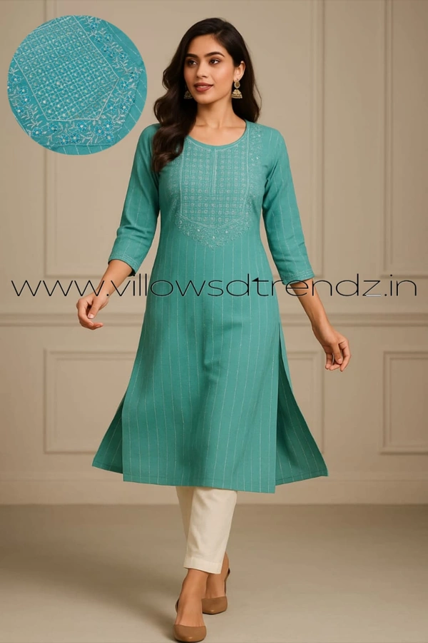 Twill Blue Muslin Kurti With Silver Zari Embrodiery FW965 - Sky Blue, L