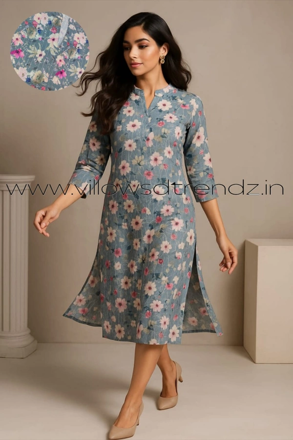 Twill Blue Muslin Kurti With Silver Zari Embrodiery FW966 - Grey, S