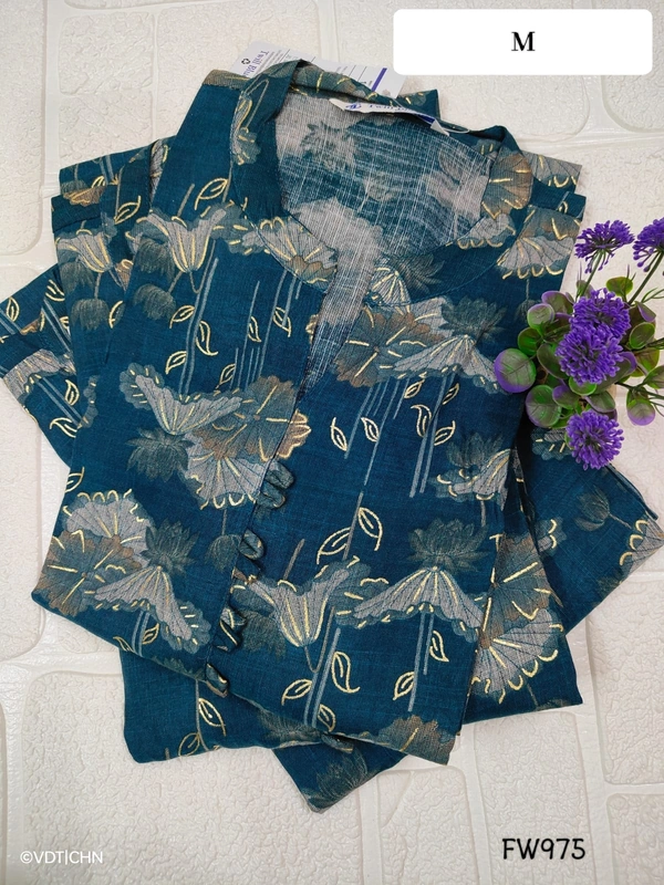 Twill Blue Muslin Kurti With Silver Zari Embrodiery FW975 - Blue, M