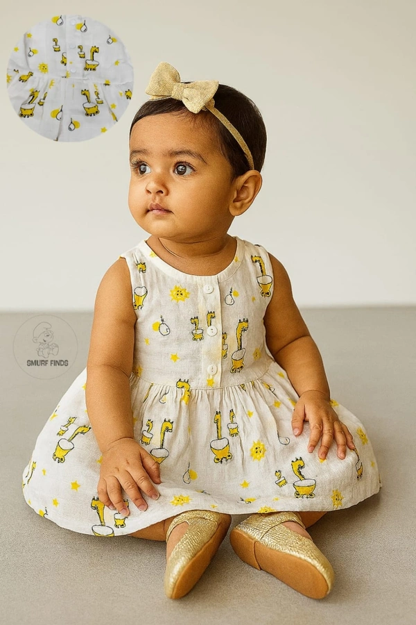 Smurf Finds Muslin Organic Cotton Frock for Baby| Half White | SMMF13805 - Half white, 1-2 Yr