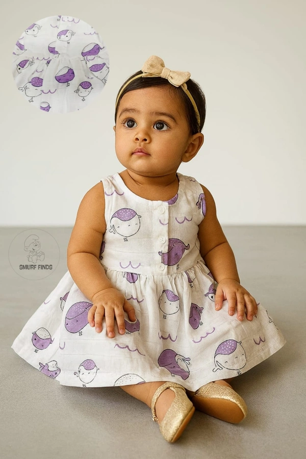 Smurf Finds Muslin Organic Cotton Frock for Baby| Half White | SMMF13804 - Half white, 1-2 Yr