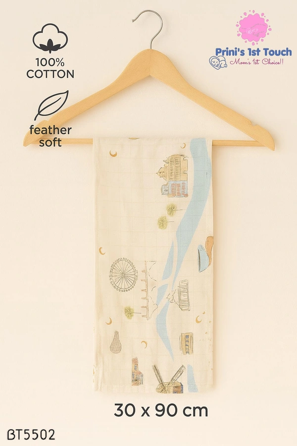 Villows Muslin Towel Small | Single layer|Pack Contains 1 Towel|100% Organic Cotton| 30 x 90 cm| Half Sandle| BT5502 - 30 x 90 cm, Half Sandle
